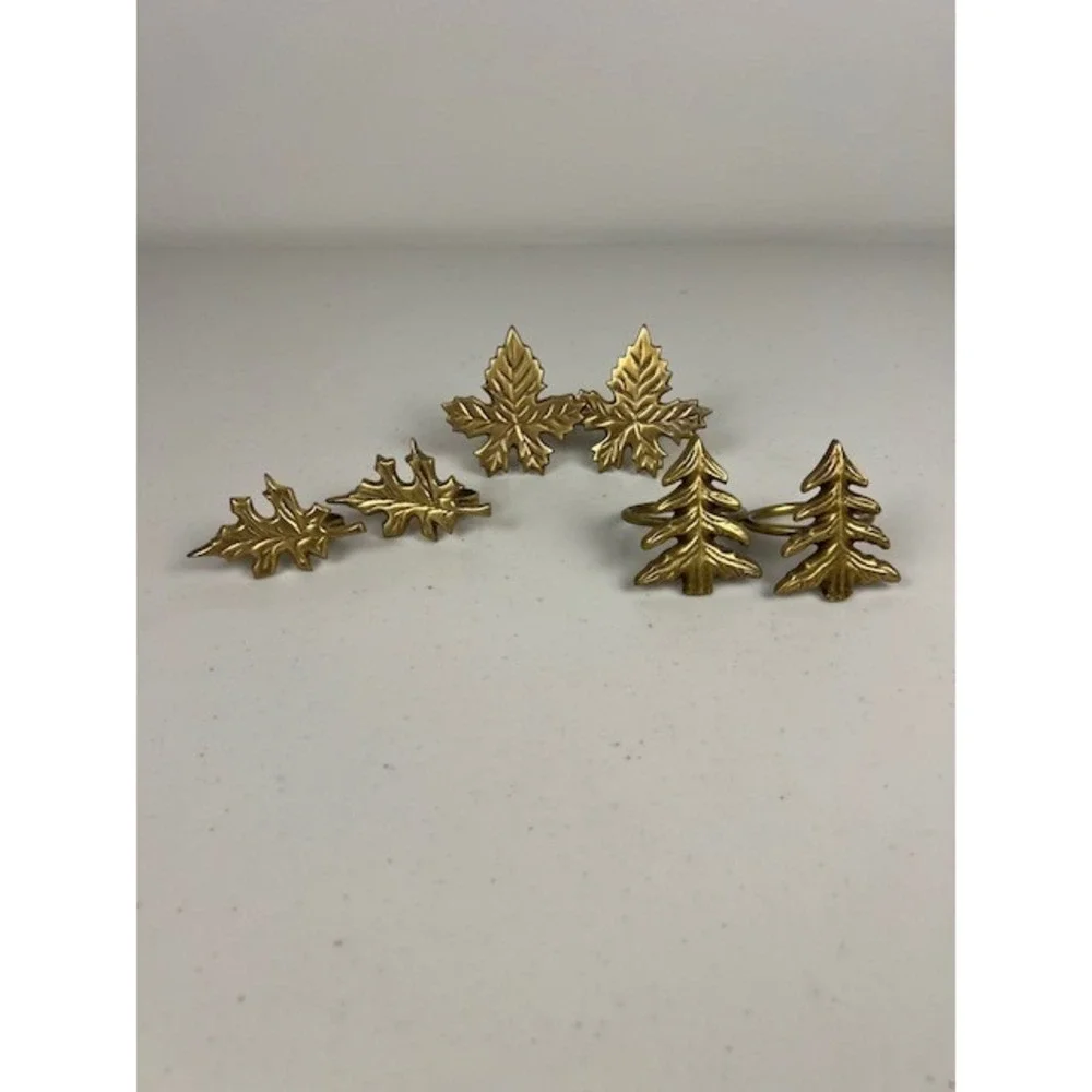 Vintage Brass‎ Napkin Rings Set of 6 Mixed Leaves and Christmas Trees Gold Tone